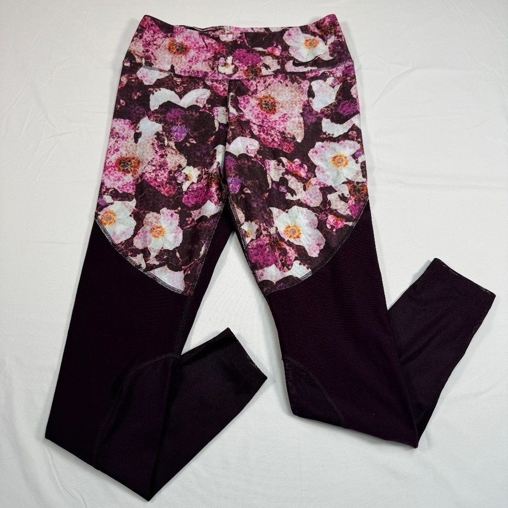 Nike Dri-Fit Power Legend Floral Leggings Womens Size M Port Wine Mesh